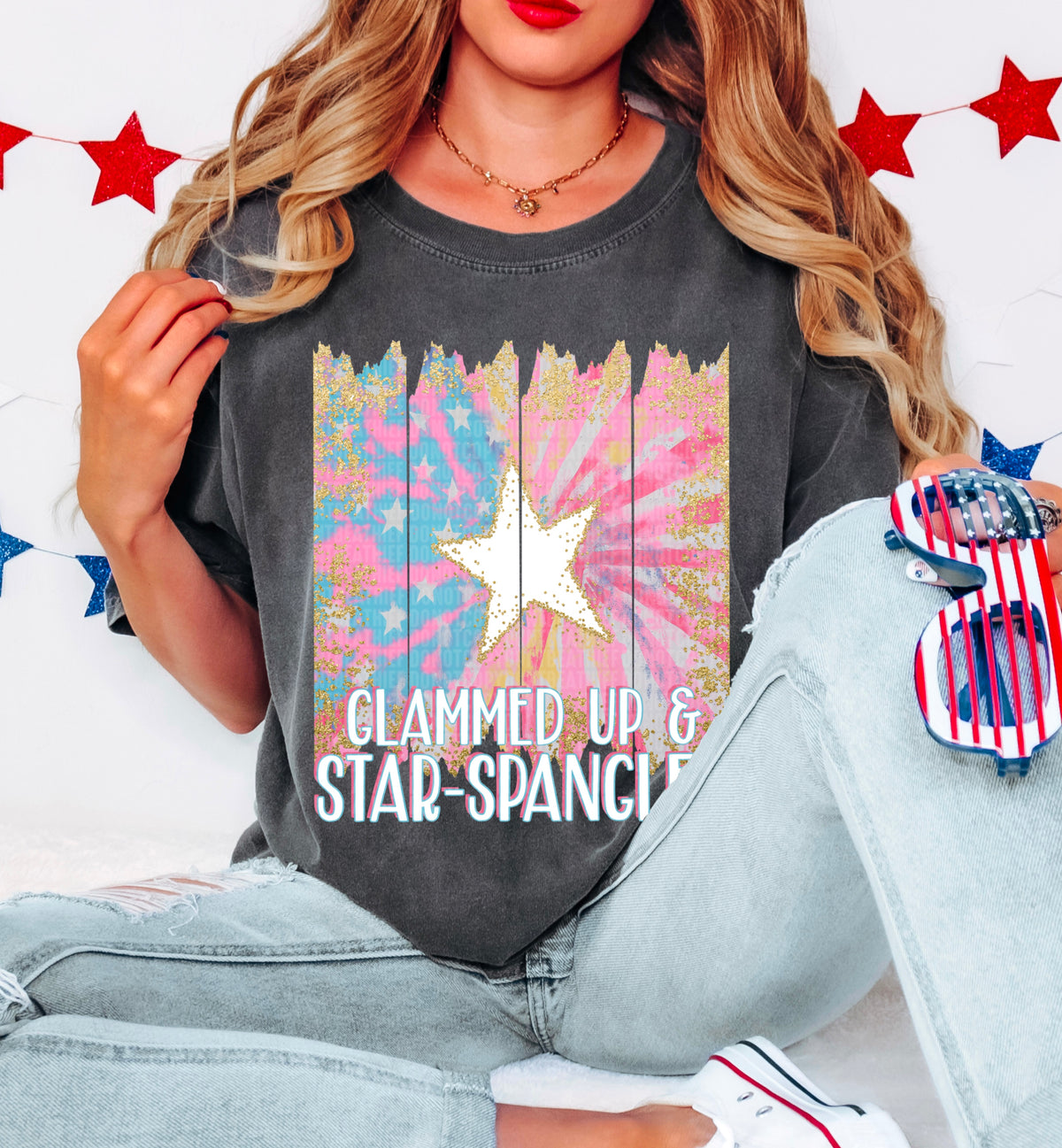 Glammed up and star spangled WHITE (SDD) DTF transfer