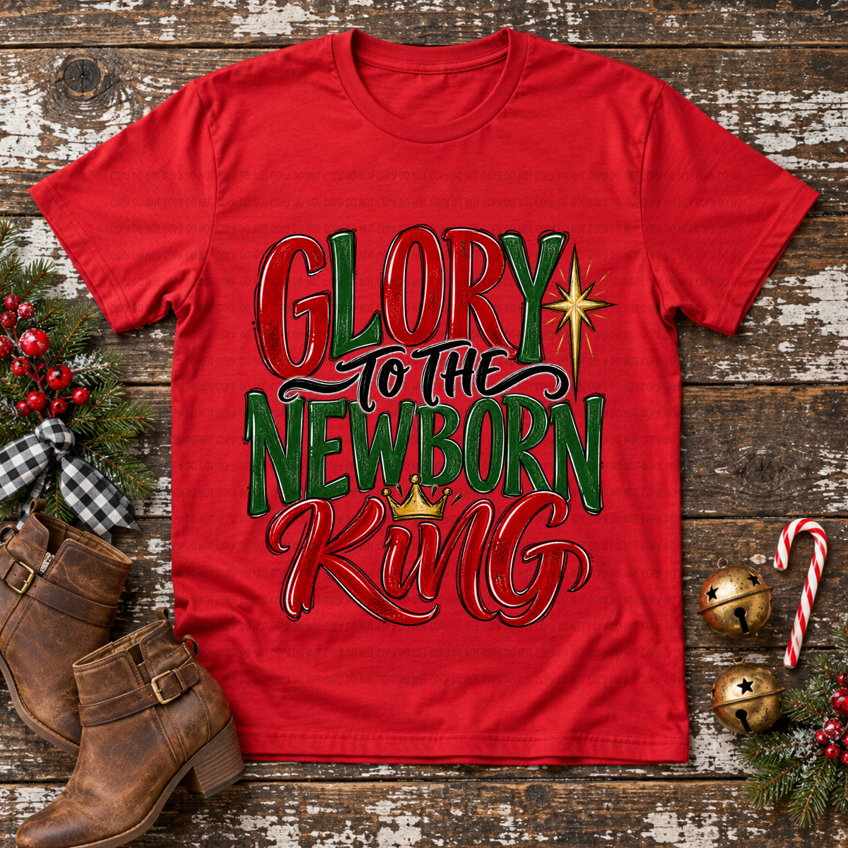 Glory to the newborn king red and green with shining star (Revel) DTF