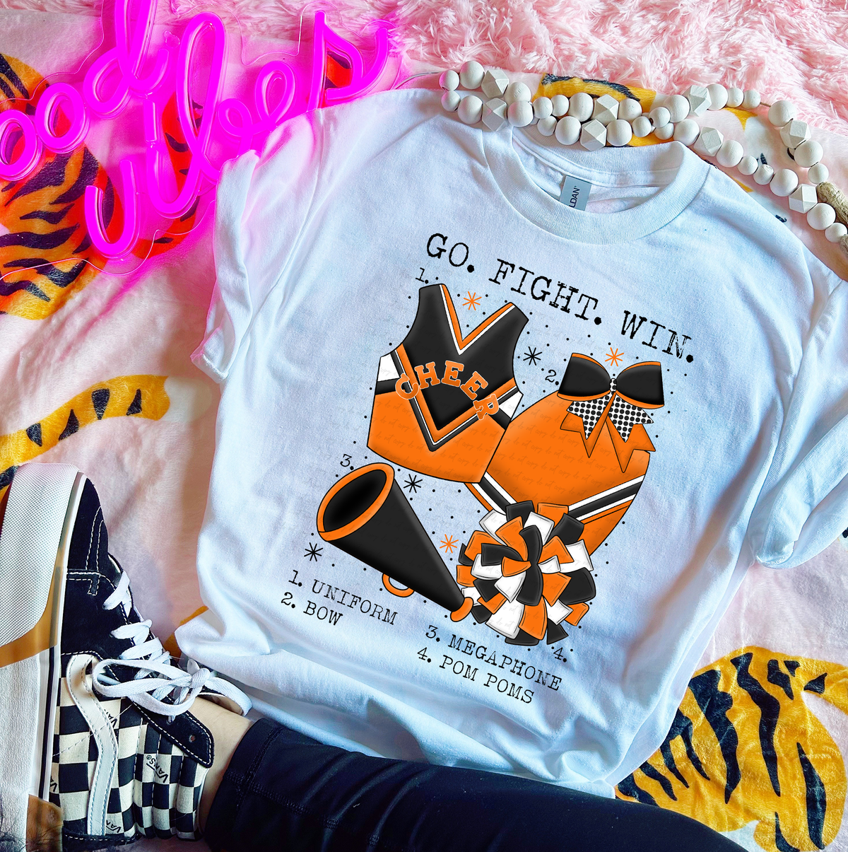 Go Fight Win Chart Black and Orange Cheer 115564 DTF transfer