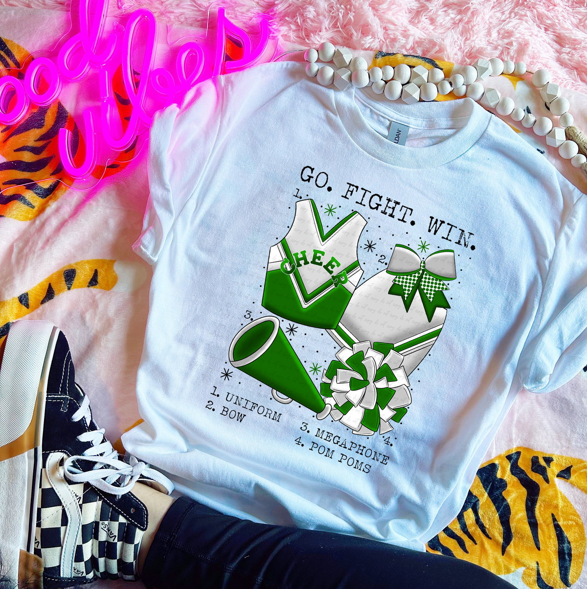 Go Fight Win Chart Green and White Cheer 115569 DTF transfer