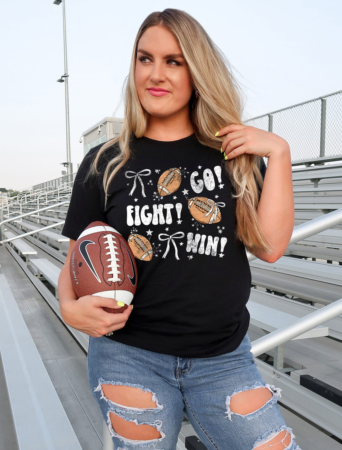 Go Fight Win Footballs With Bow White Grunge 86817 DTF Transfer