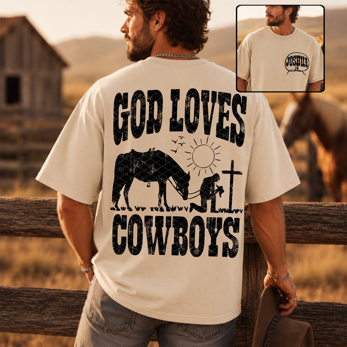 God loves cowboys BLACK BACK (SDD) DTF transfer