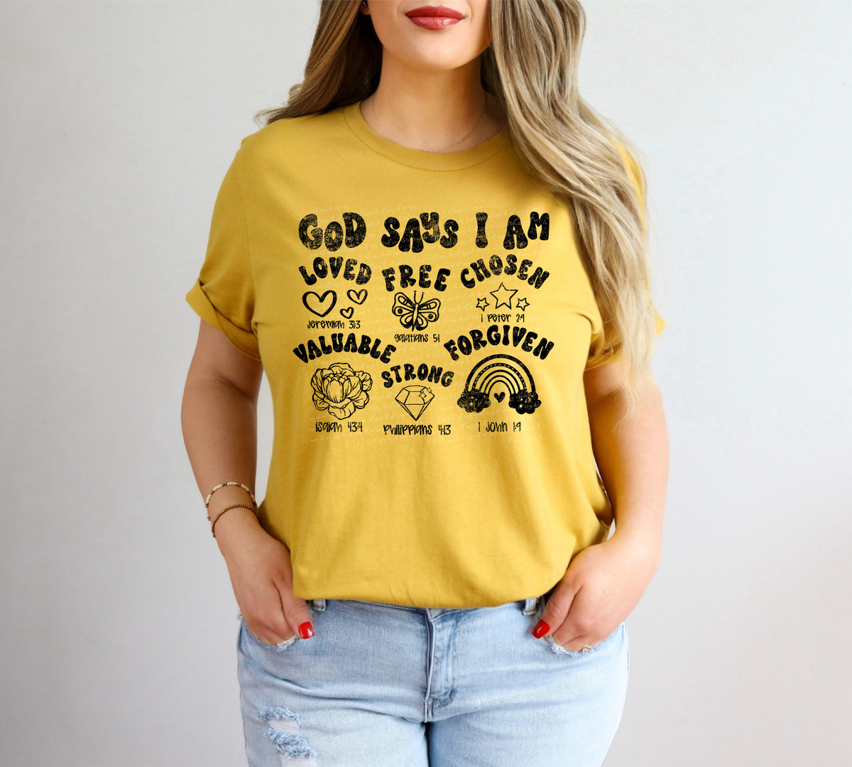 God Says I Am Loved Free Chosen Valuable Strong Forgiven Black Grunge 86328 DTF Transfer