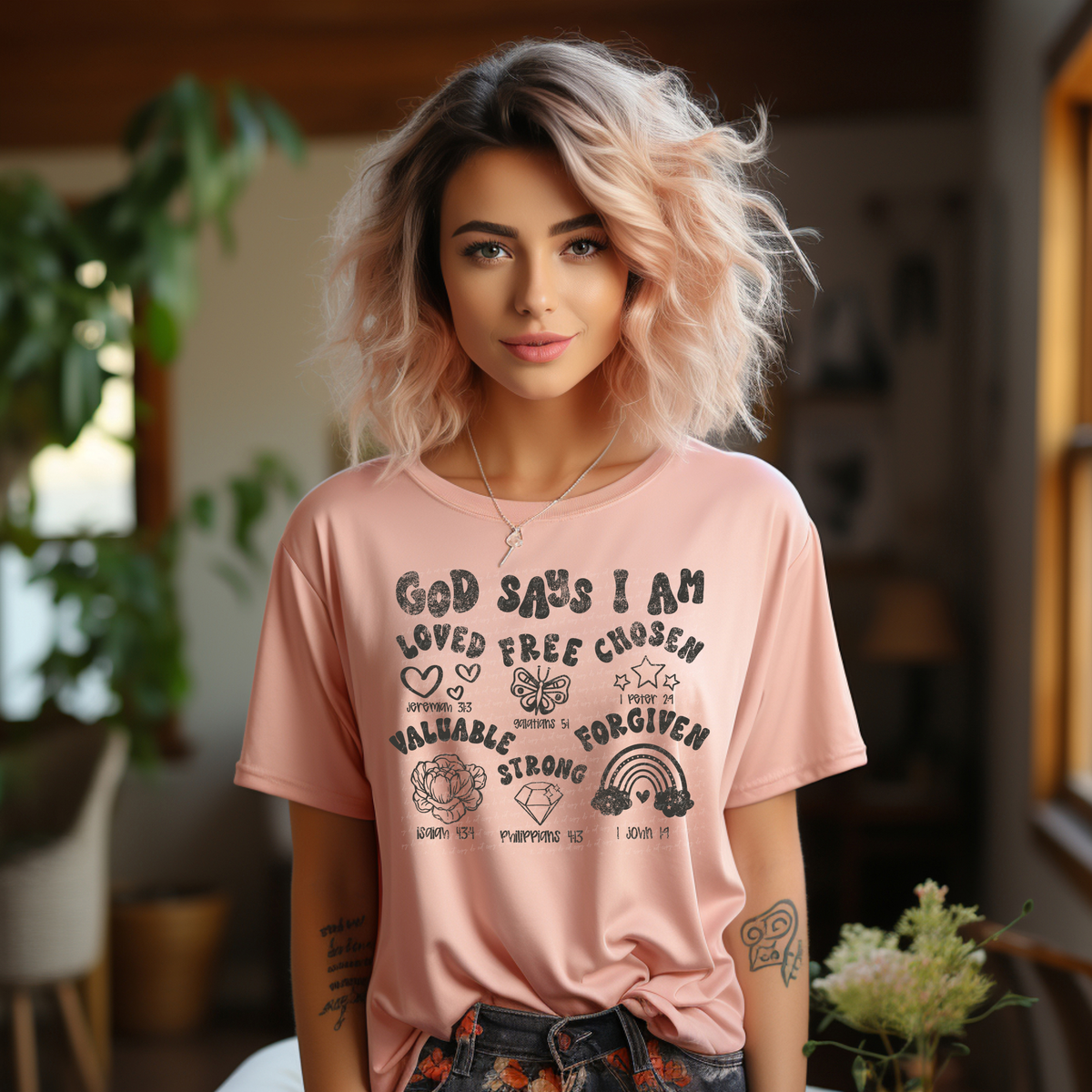 God Says I Am Loved Free Chosen Valuable Strong Forgiven Grey Grunge 86329 DTF Transfer