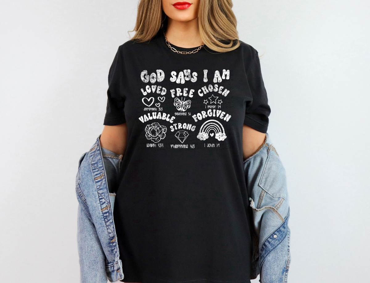 God Says I Am Loved Free Chosen Valuable Strong Forgiven White Grunge 86505 DTF Transfer