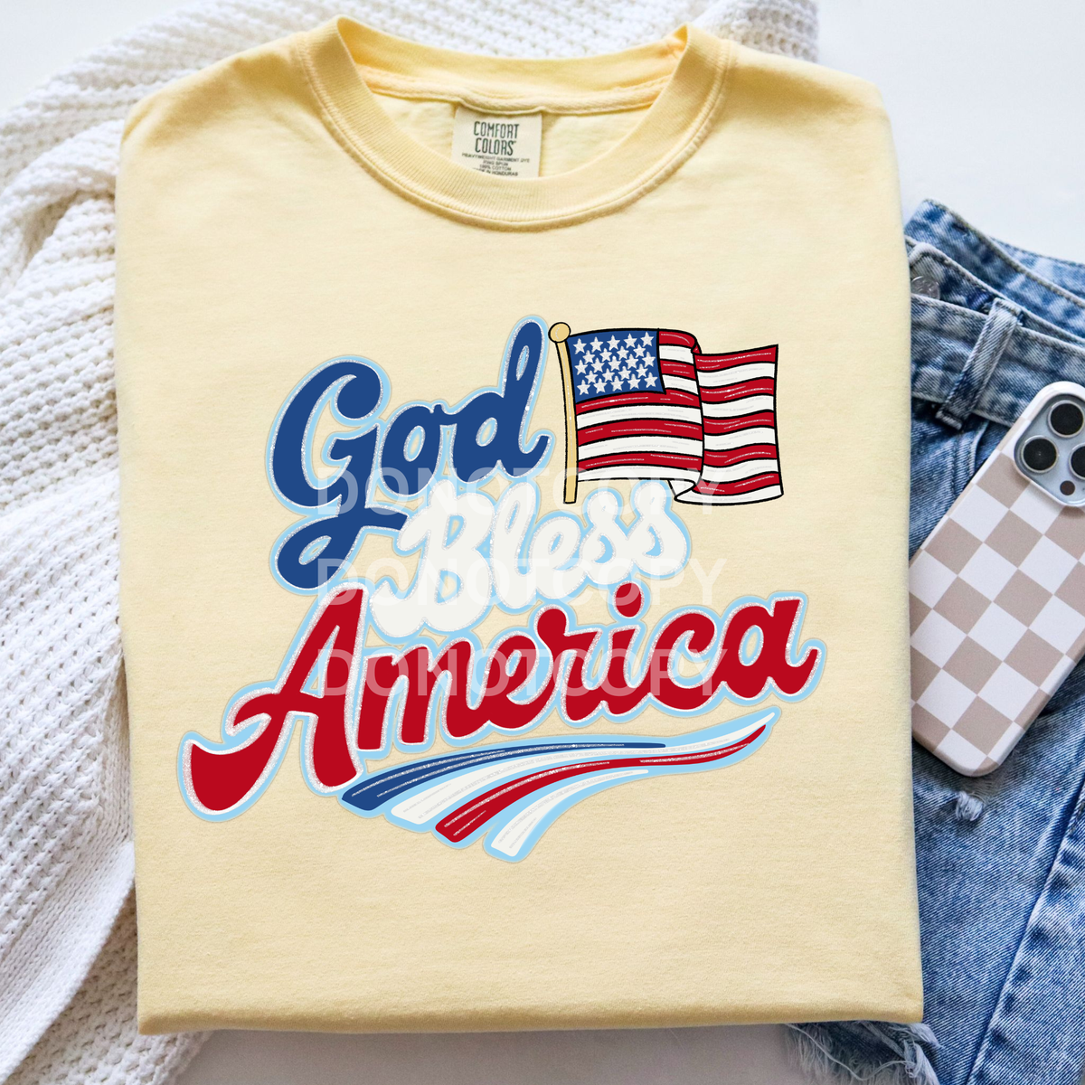 god bless america stacked color red white and blue font with american flag (CSG) DTF Transfer