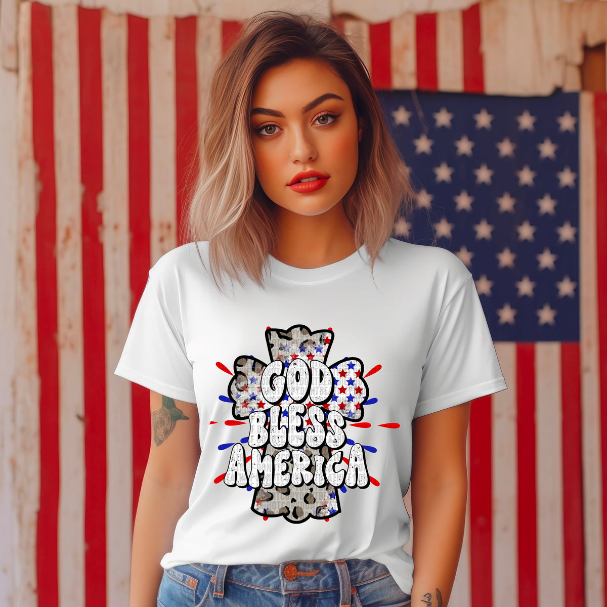 God Bless America Cross Filled With Stars 104136 DTF transfer