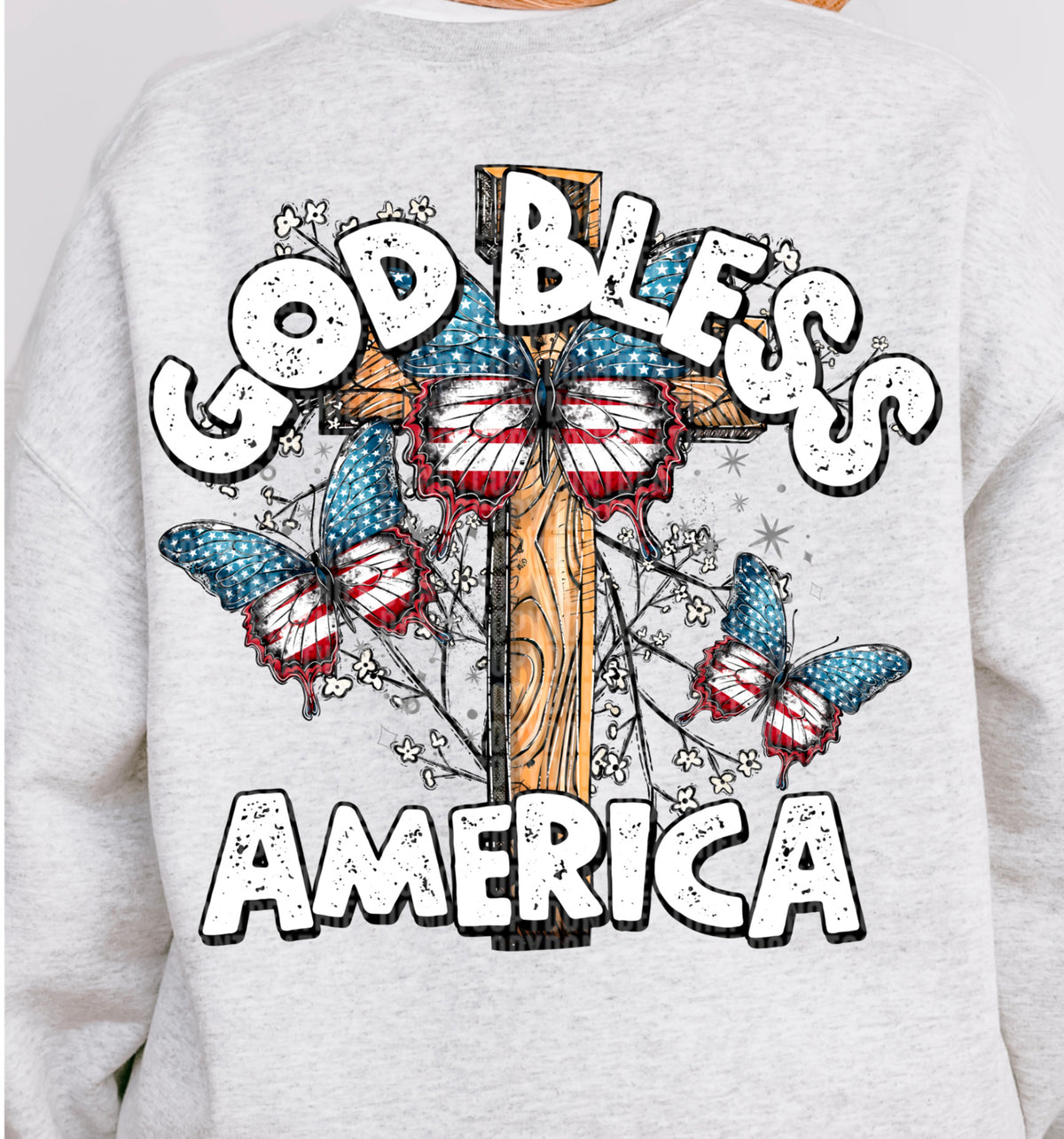 God bless America Wooden Cross Butterfly Trio - Back 104137 DTF transfer