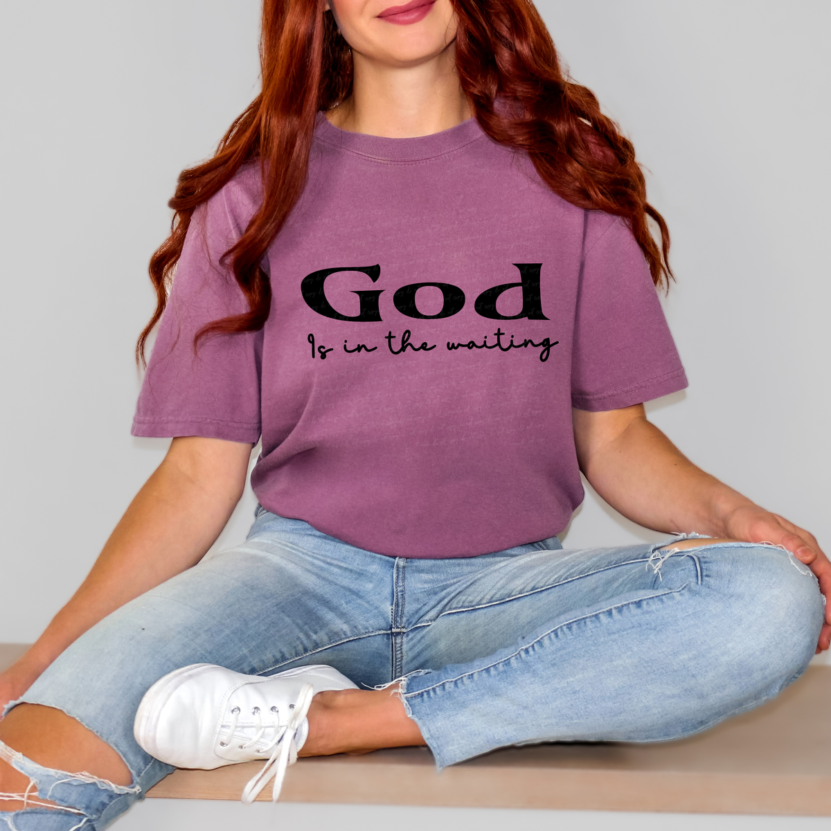 God is in The Waiting Black Font 111761 DTF transfer
