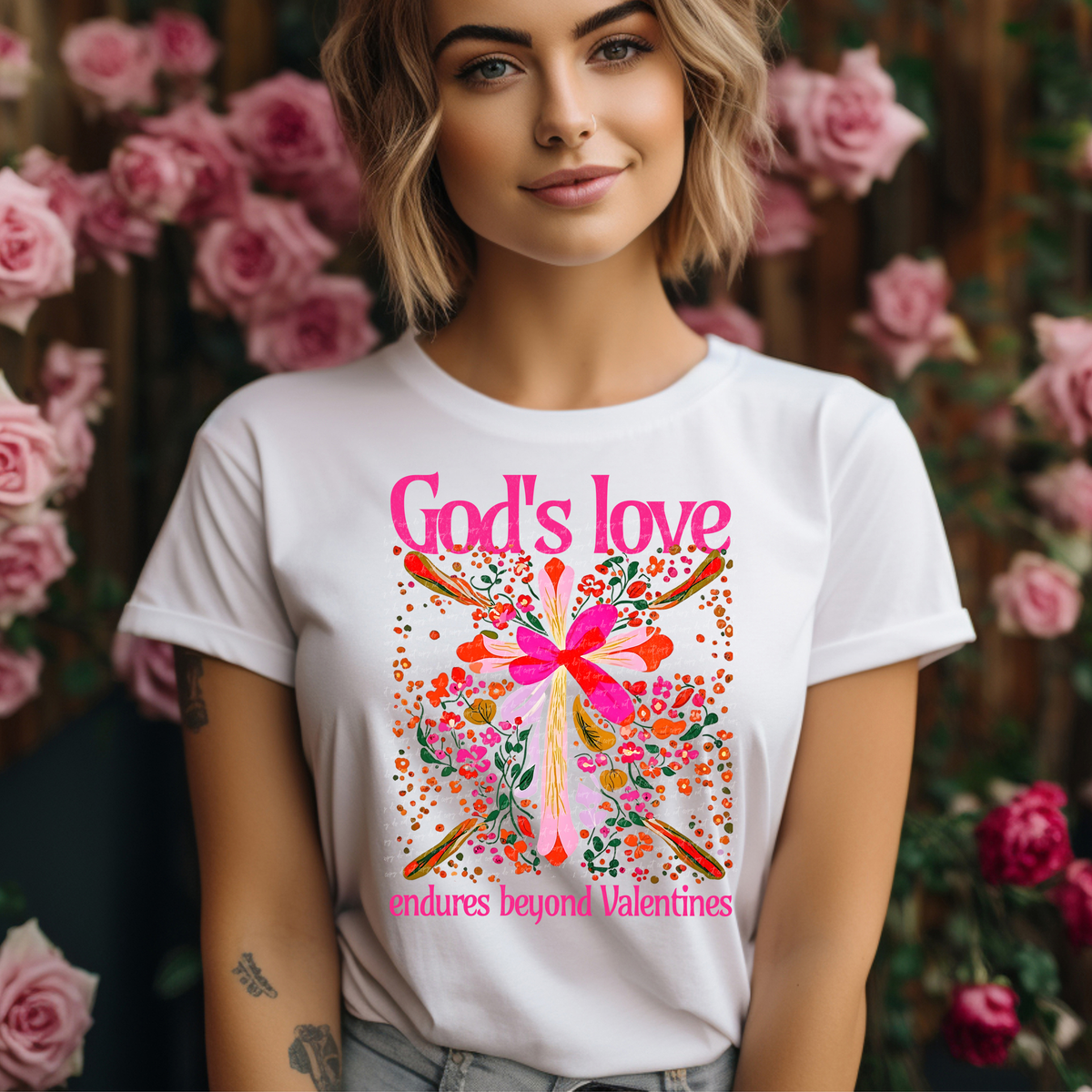 God's Love Endures Beyond Valentines Pink Cross Floral 76784 DTF Transfer