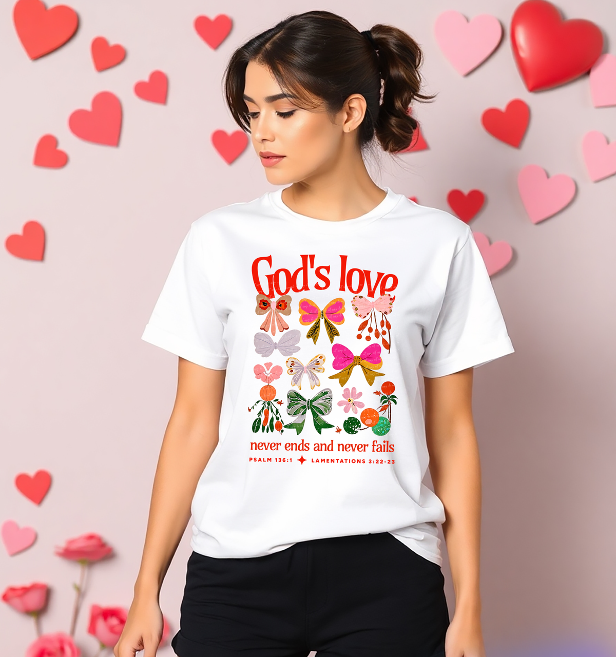 God's Love Never Ends And Never Fails Red Bow Grid 76785 DTF Transfer
