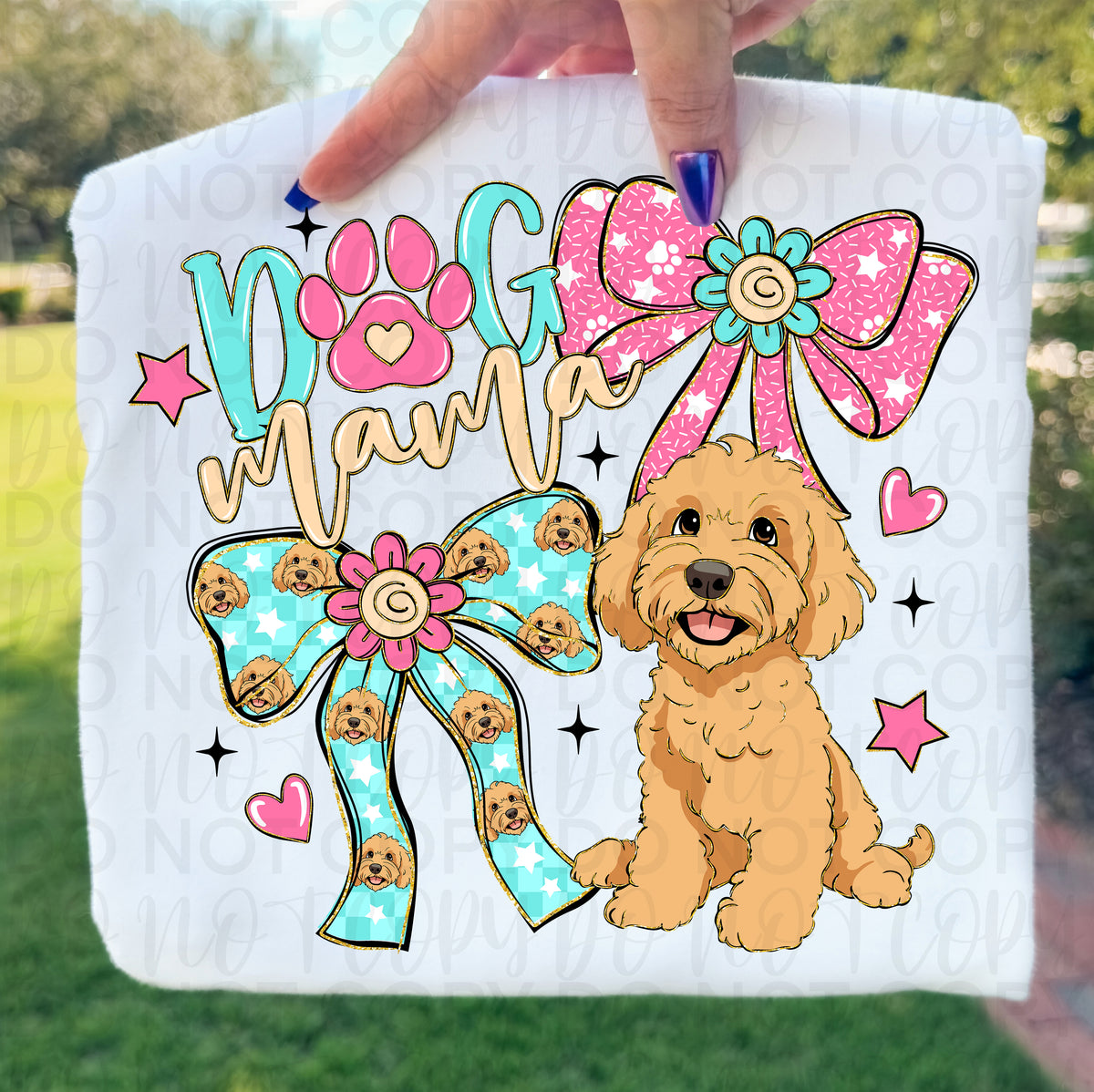 Dog mama Golden Doodle (pink and teal w bows) (UAC) DTF Transfer