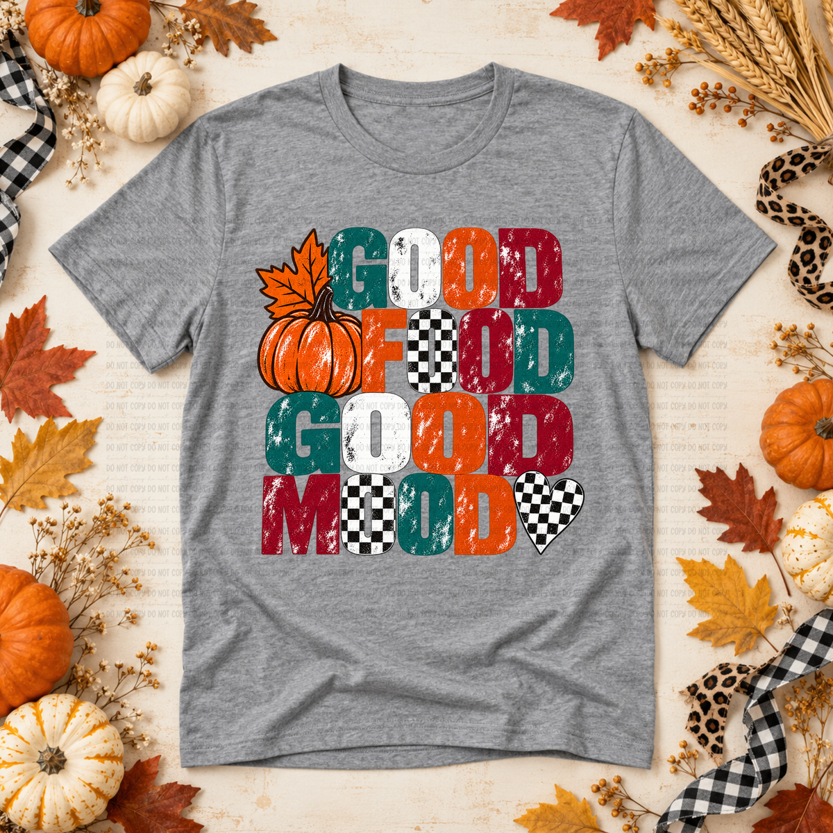 Good food good mood pumpkin leaf and checkered heart (Revel) DTF Transfer