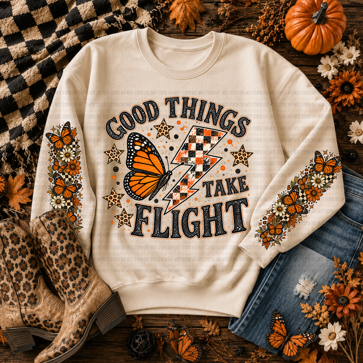 Goof things take flight butterfly and lighting bolt (FRONT ONLY) (Revel) DTF Transfer