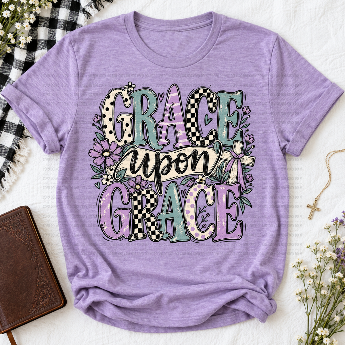 Grace upon grace white banner and cross with purple bow (Revel) DTF Transfer