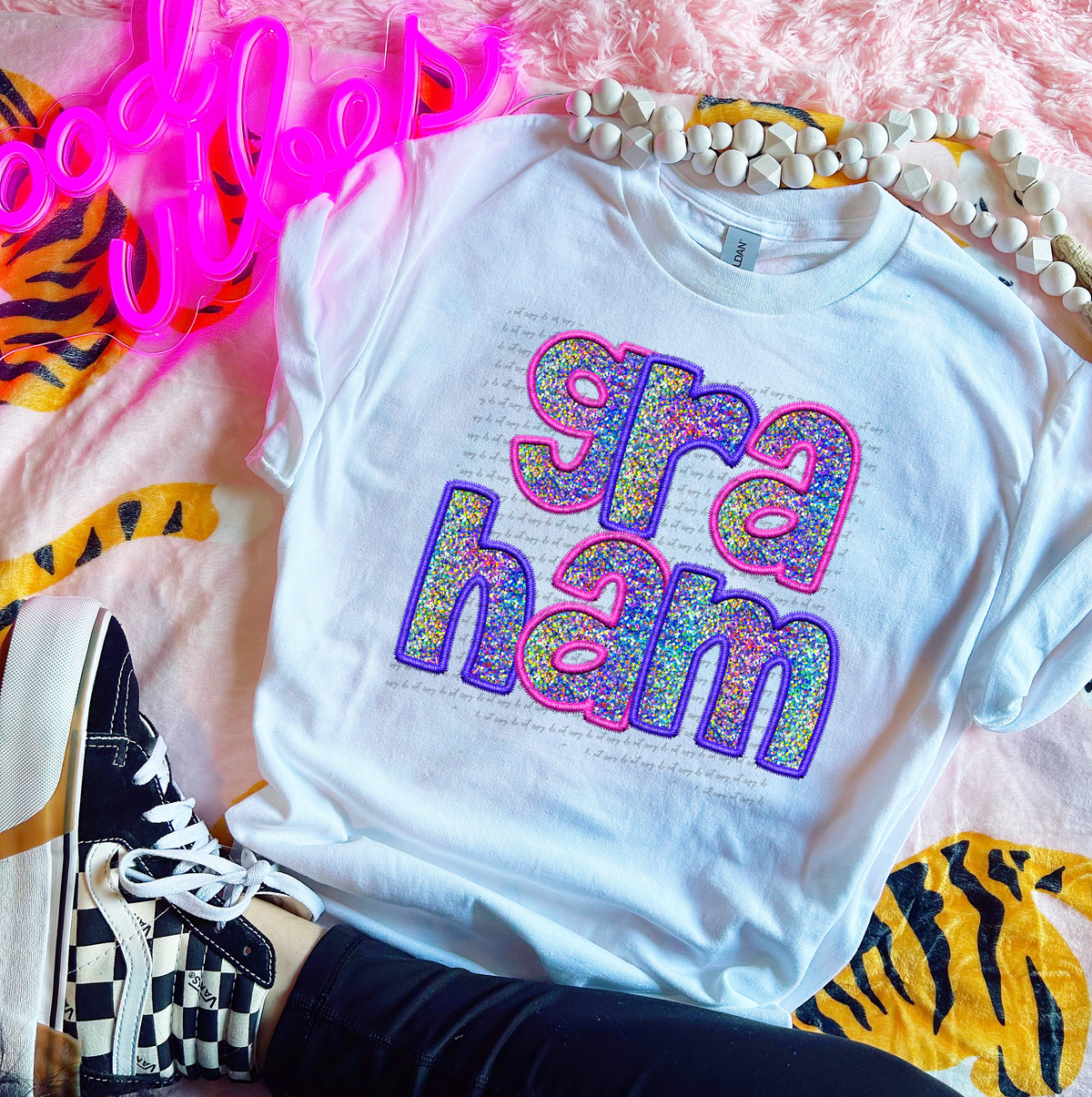 Graham Faux Embroidery Pink Blue 76056 DTF Transfer