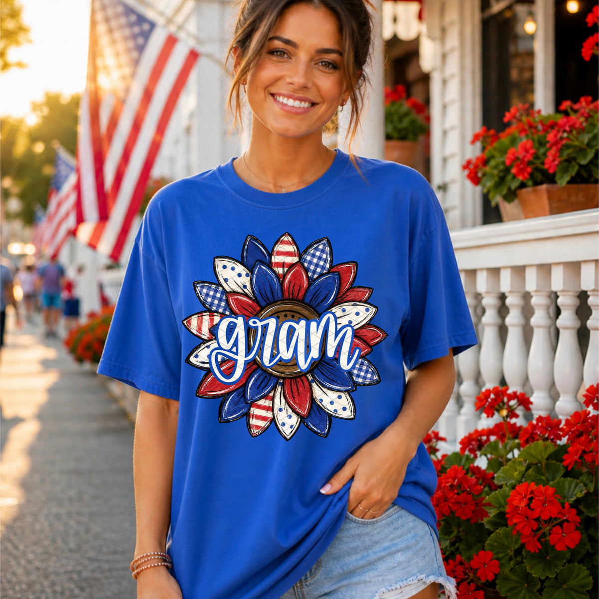Gram BLUE outline patriotic sunflower (SDD) DTF Transfer