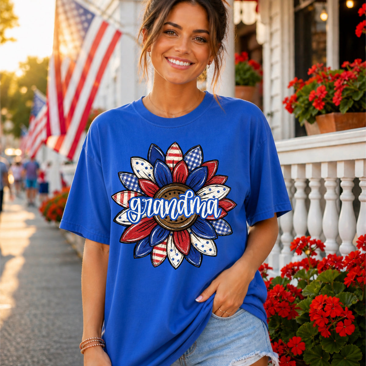 Grandma BLUE outline patriotic sunflower (SDD) DTF Transfer