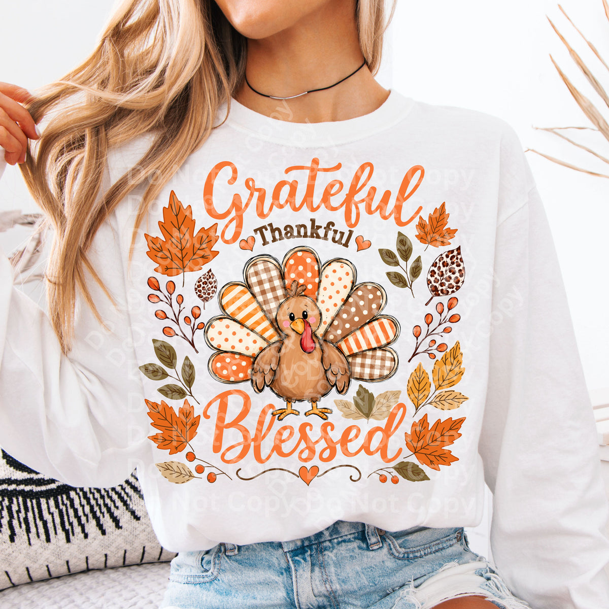 Grateful thankful blessed turkey multi pattern leaves (Irene) DTF Transfer