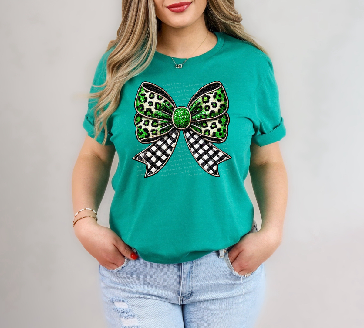 Green Bow Checkered Faux Embroidery 81938 DTF Transfer