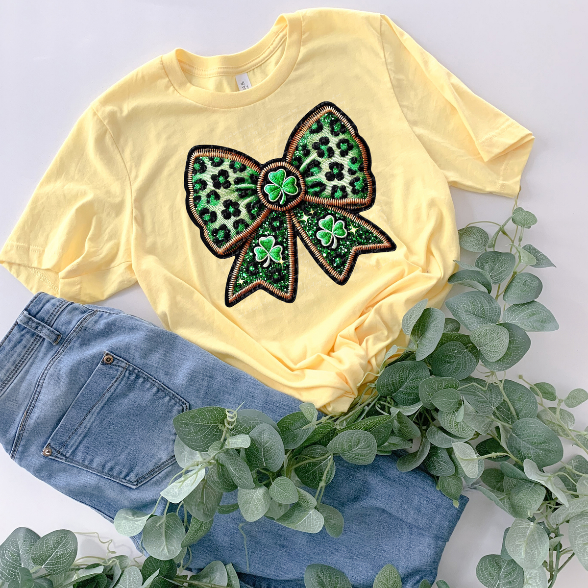 Green Bow Shamrock Faux Embroidery 81940 DTF Transfer