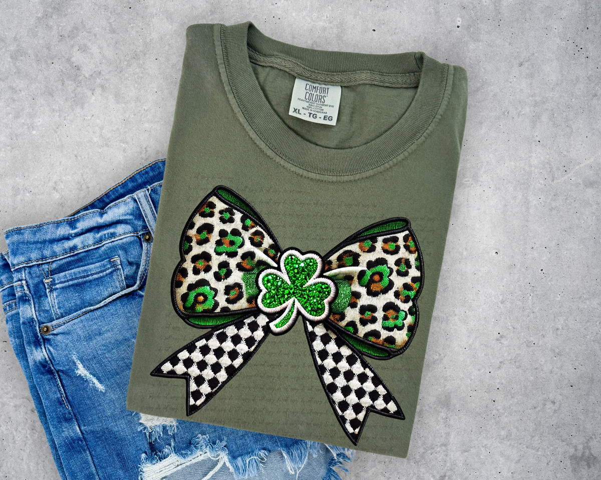 Green Bow Shamrock Checkered Faux Embroidery 81939 DTF Transfer