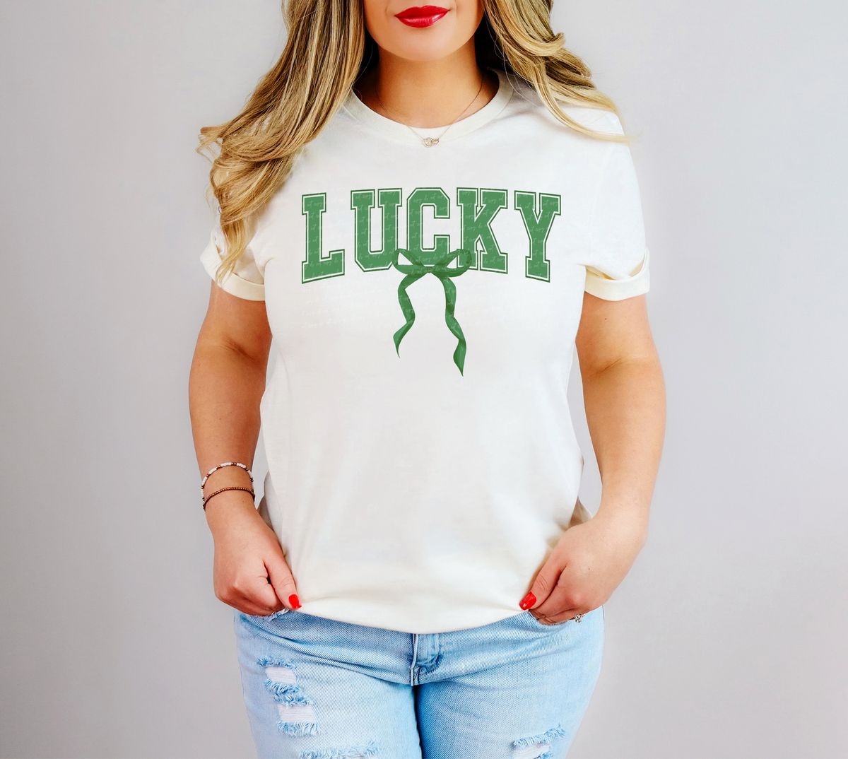 Green Lucky Curve Varsity Font With Bow 86687 DTF Transfer