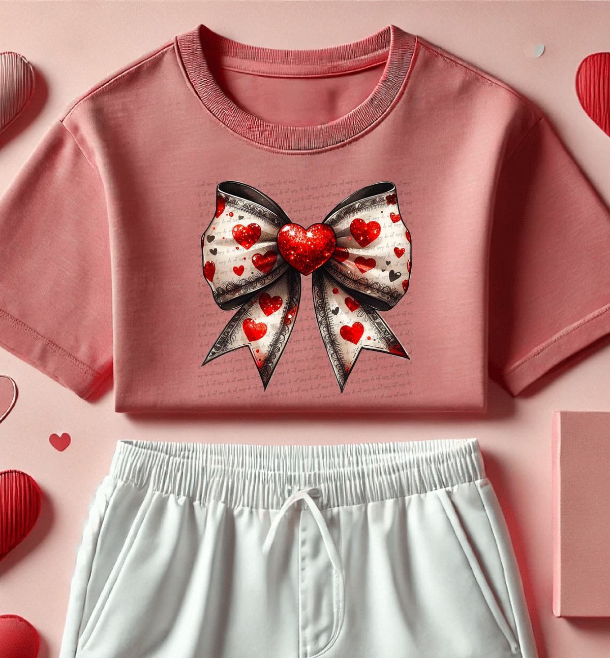 Grey White Bow Hearts Filled 76443 DTF Transfer