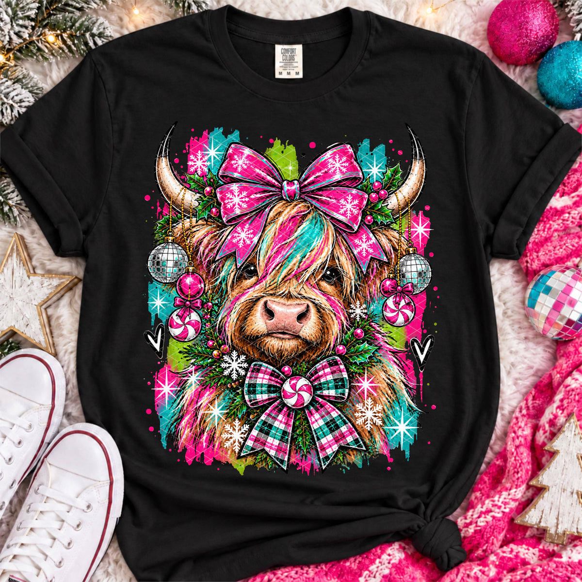 Grunge neon Christmas highland cow (SDD) DTF Transfer