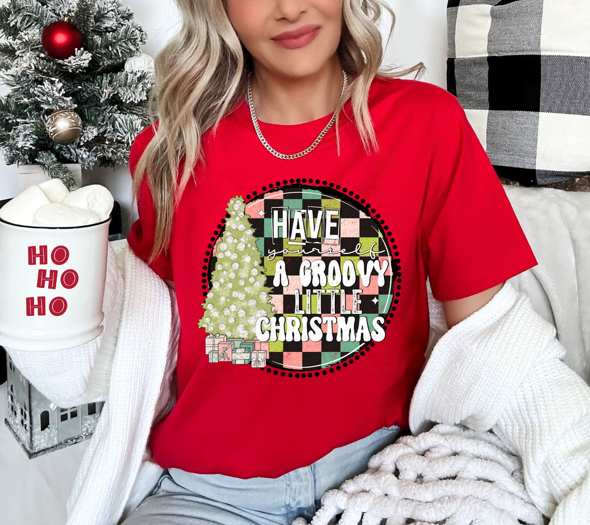 Have Yourself A Groovy Little Christmas Colorful Checkered Christmas Tree and Gifts 116438 DTF Transfer