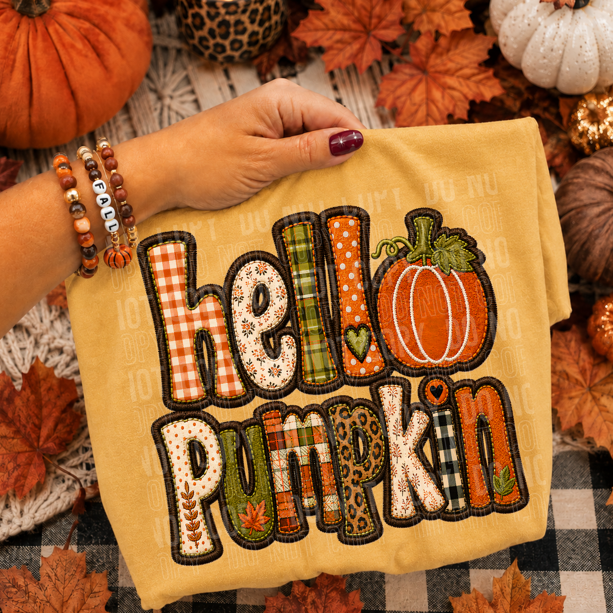 Hello pumpkin faux embroidery brown outline (SBB) DTF Transfer