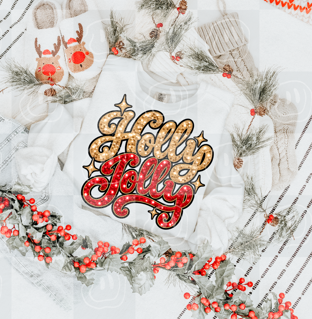 Holly Jolly cursive gold and red faux sequins (Unhinged) DTF Transfer