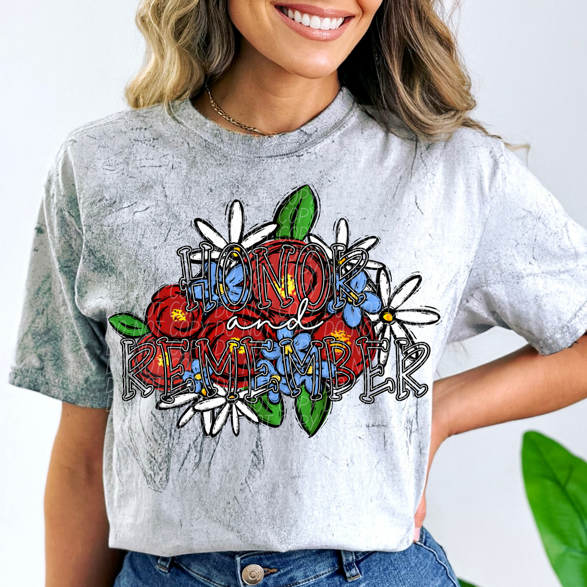 Honor and Remember Black Outline Font RWB Florals (CITY) DTF transfer