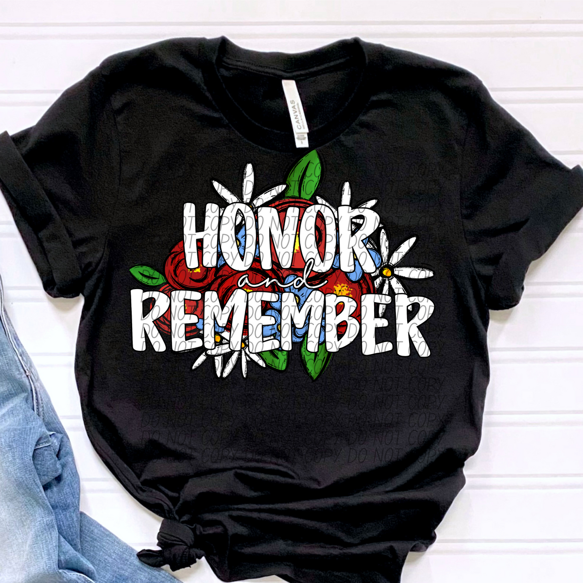 Honor and Remember RWB Florals White Font (CITY) DTF transfer