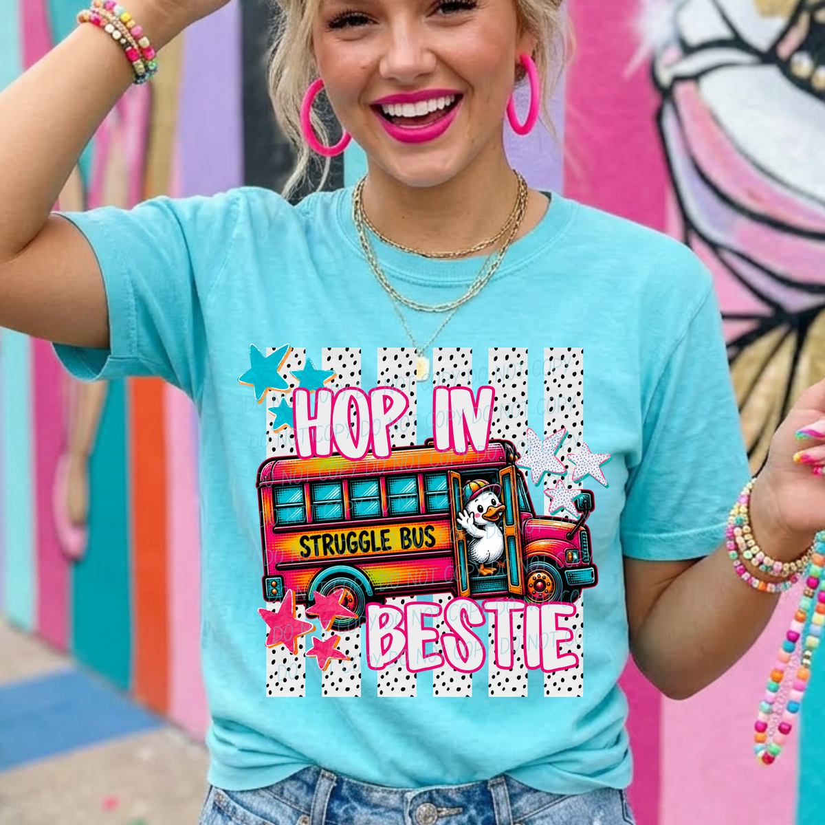 hop in bestie school bus striped polkadot background (CITY) DTF Transfer