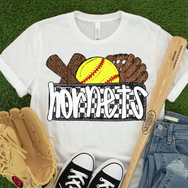 Hornets (Bat, Softball, Glove, Checkered background) (City) DTF transfer