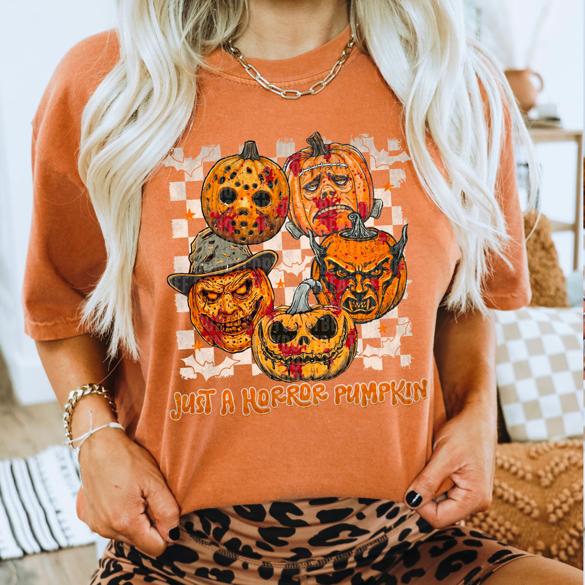 Just a horror pumpkin white checkered background 68793 DTF transfer