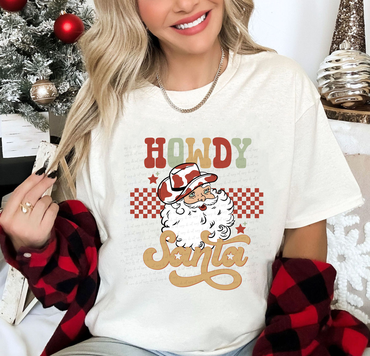 Howdy Santa Pastel Font Checkered Background 116311 DTF Transfer