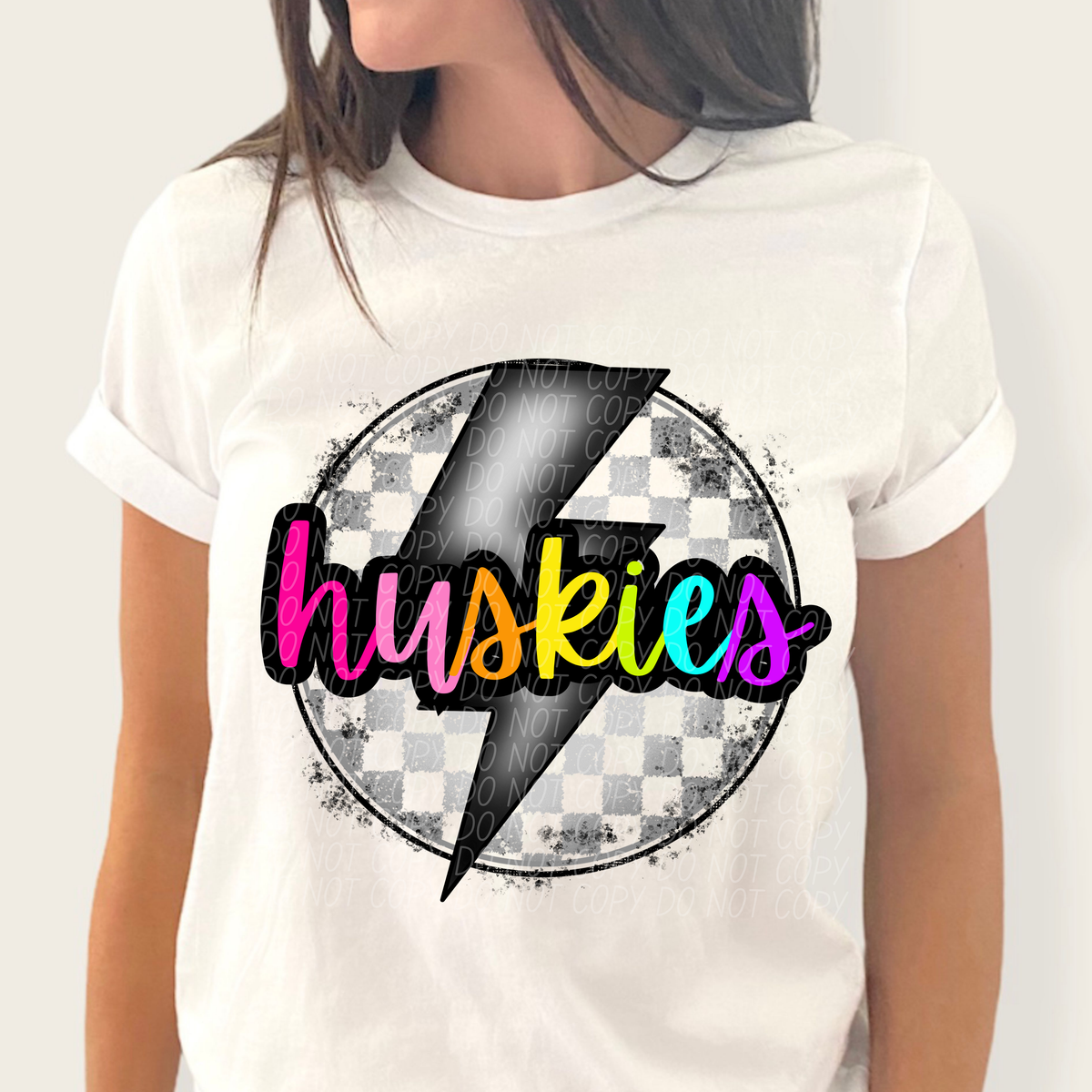 Huskies BRIGHT COLORS FONT lightning bolt circle CITY DTF transfer