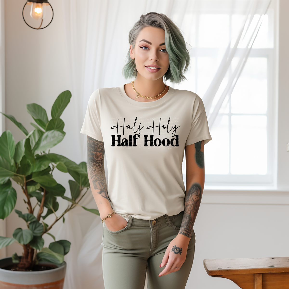 Half Holy Half Hood Cursive And Serif Font Black 89325 DTF Transfer