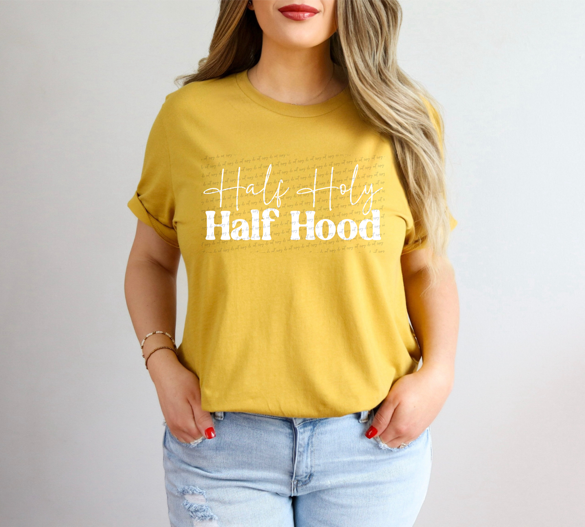 Half Holy Half Hood Cursive And Serif Font White 89326 DTF Transfer