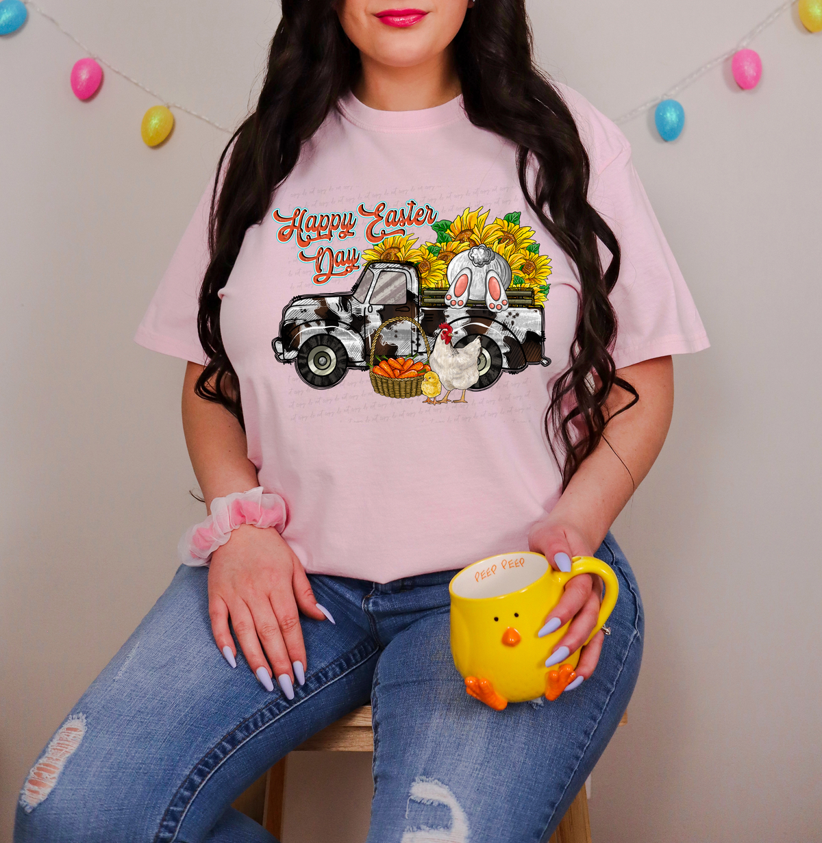 Happy Easter Day Cow Print Truck Bunny Sunflowers Chicken and Basket of Carrots 116551 DTF Transfer