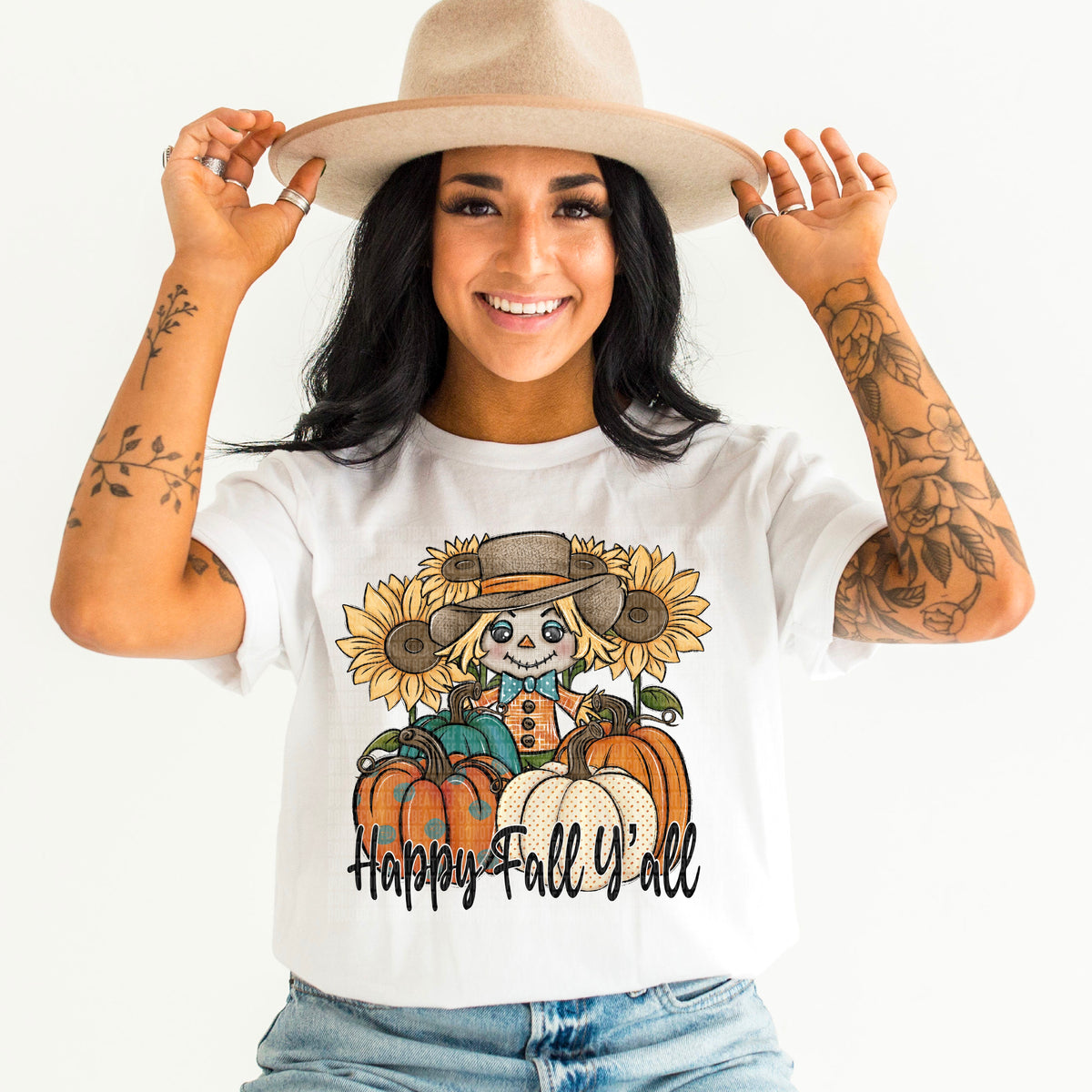 Happy fall y'all scare crow sunflowers pumpkins BLACK FONT 501 DTF TRANSFER