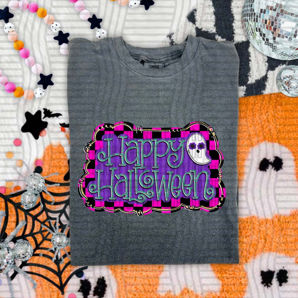 Happy Halloween Pink and Black checkered frame with small ghost(Caplinger) DTF Transfers