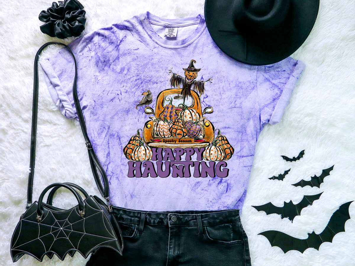 Happy Haunting Orange Truck Scarecrow and Pumpkins 115776 DTF Transfer