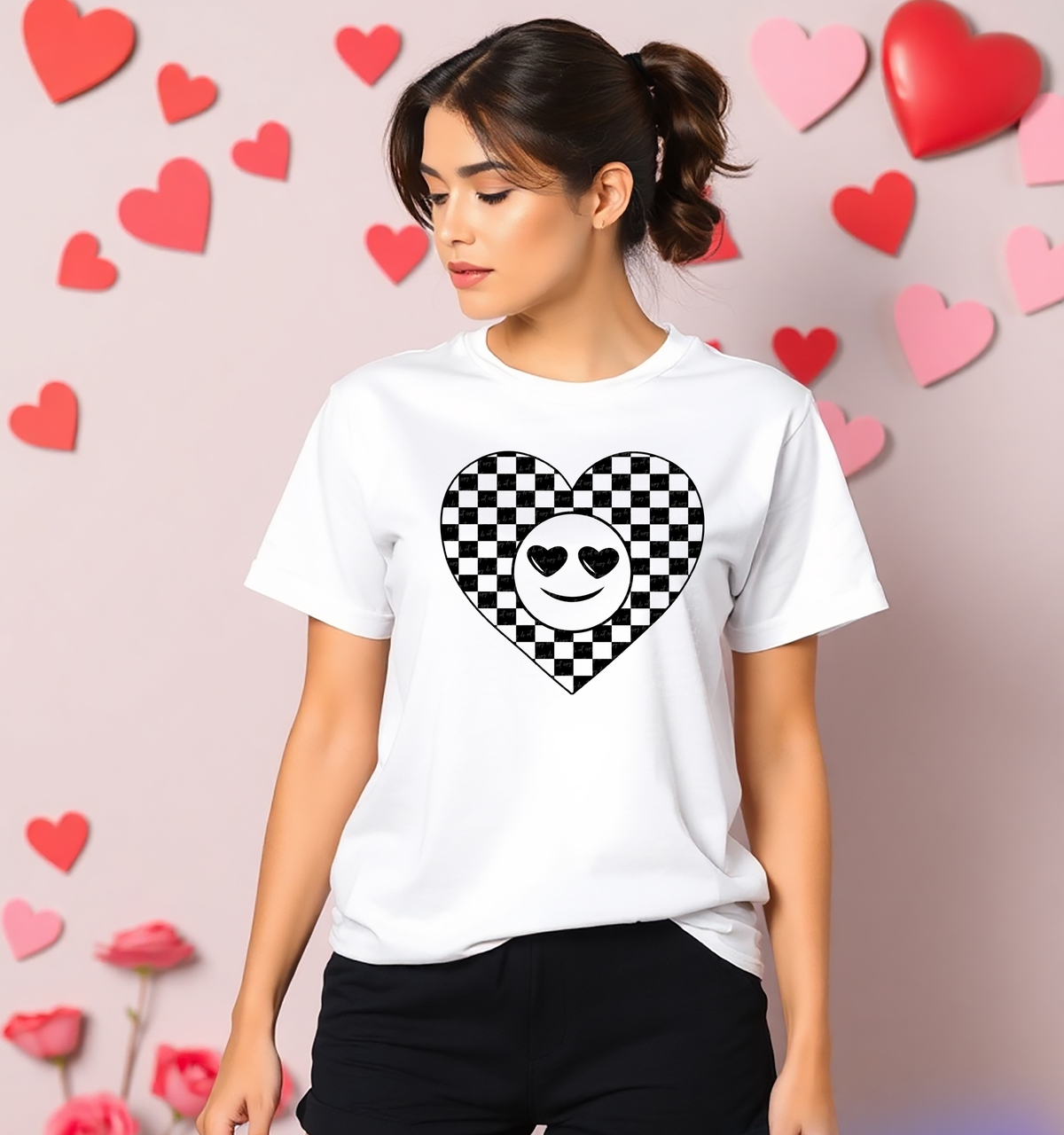 Happy Heart Checkered Black 76338 DTF Transfer
