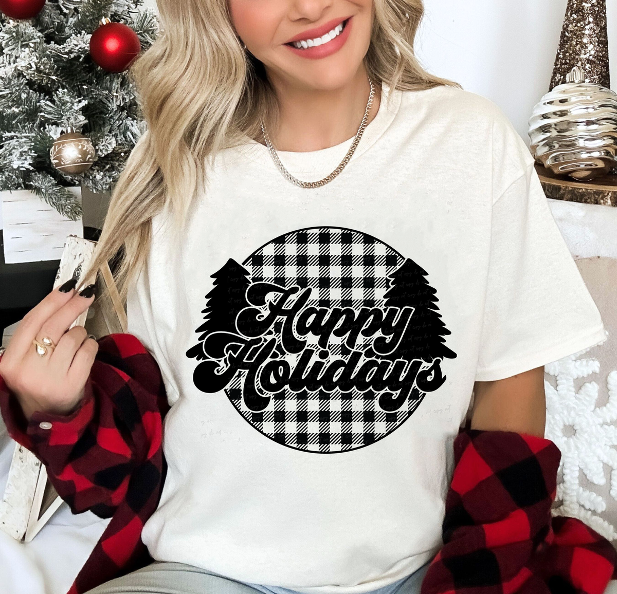 Happy Holidays Buffalo Plaid Black 116301 DTF Transfer