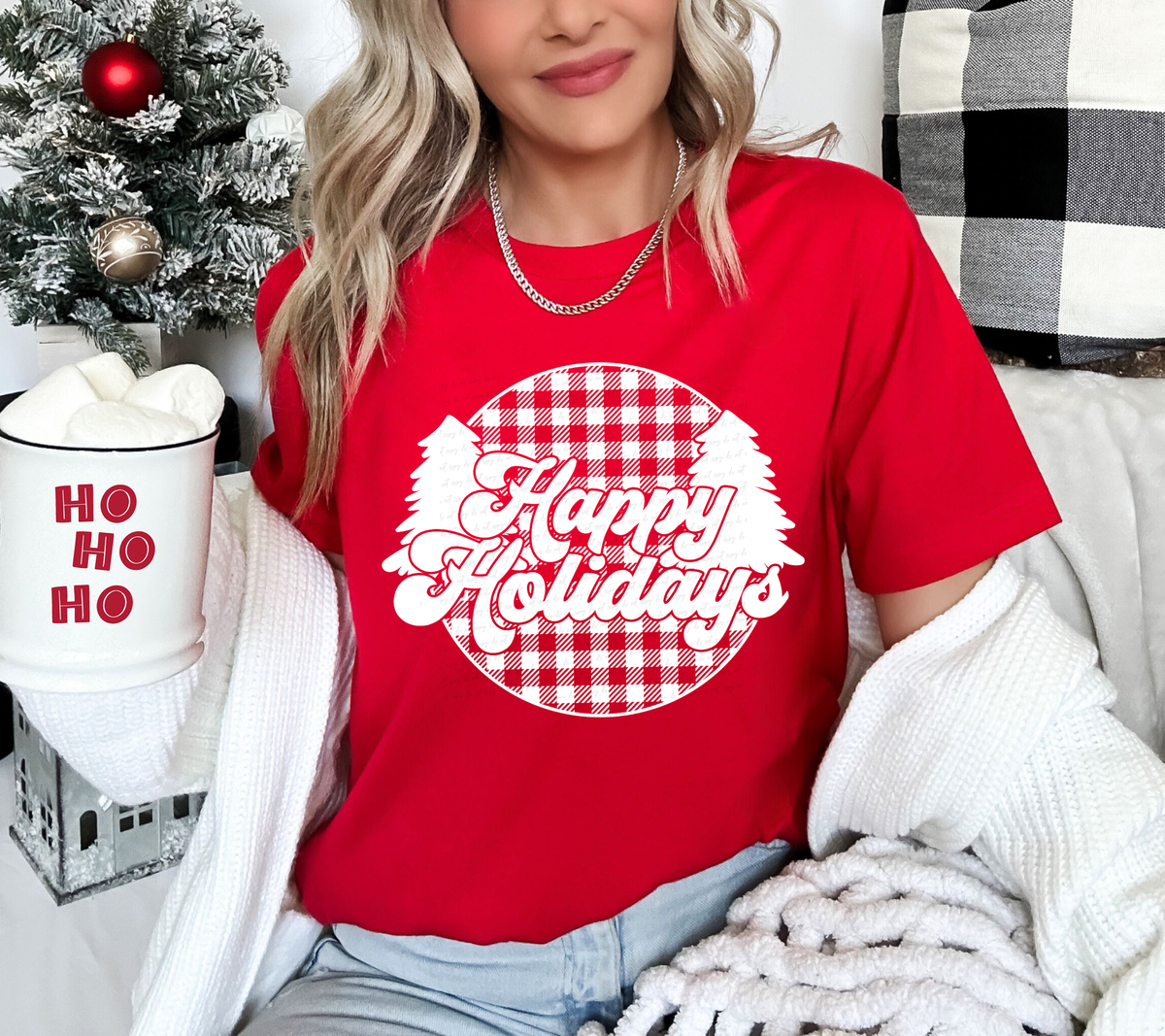 Happy Holidays Buffalo Plaid White 116300 DTF Transfer