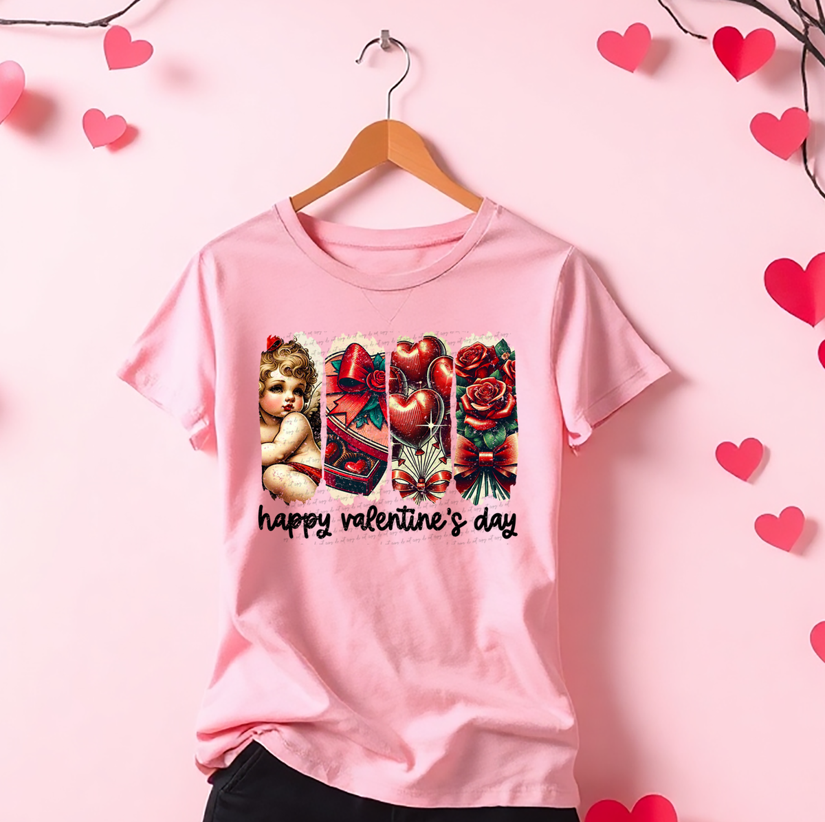 Happy Valentines Day Cupid Hearts Flowers 76446 DTF Transfer