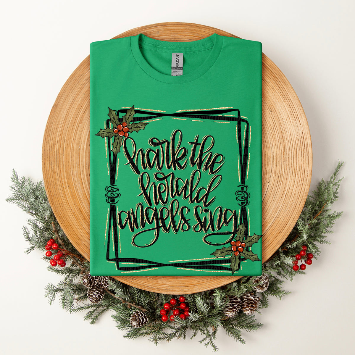 Hark the herald angels sing black with red flowers (SDD) DTF Transfer